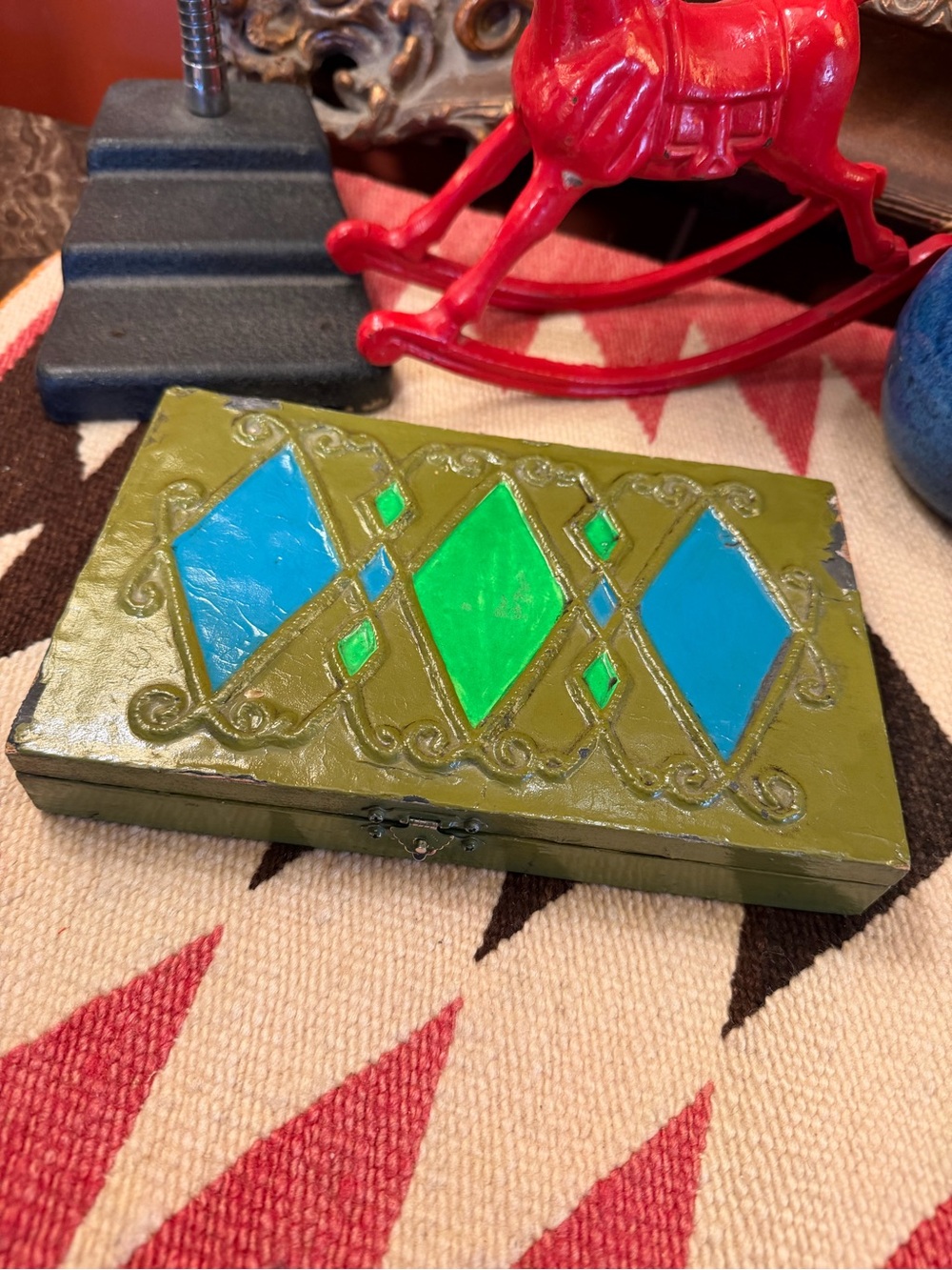 Hand-Painted Olive Green Bakelite Dominos  Blue & Green Diamond Box
